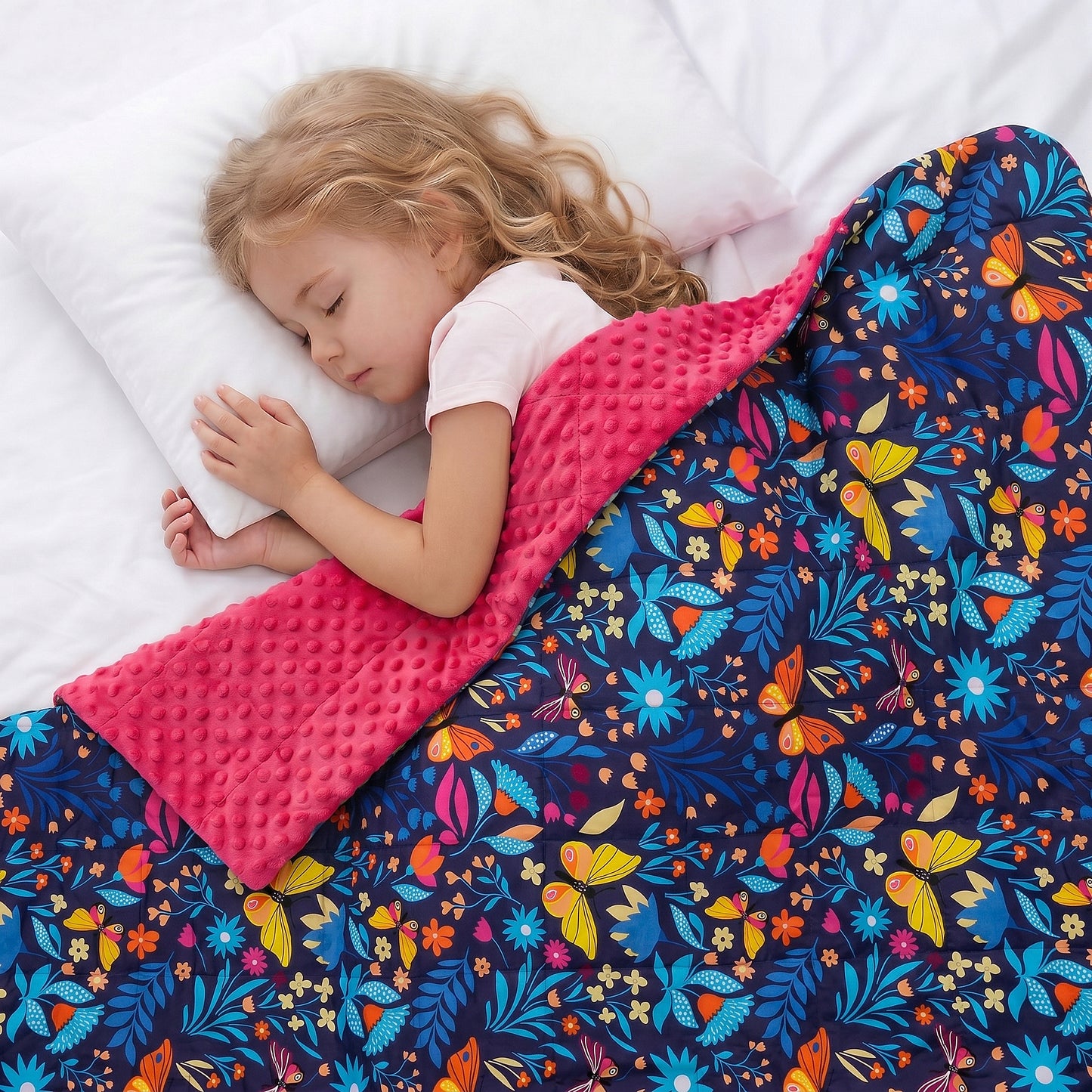 a girl sleeping under summer meadow weighted blanket