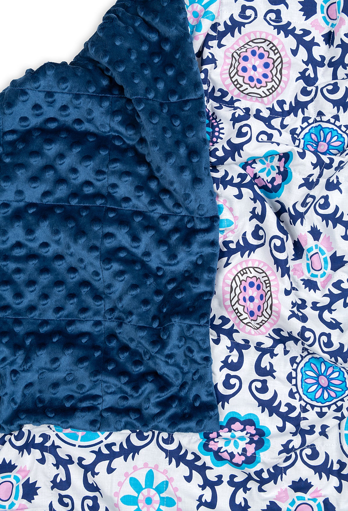 MANDALA WEIGHTED BLANKET close up with navy plush