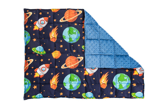 Galaxy Pattern Weighted Blanket with blue minky backing